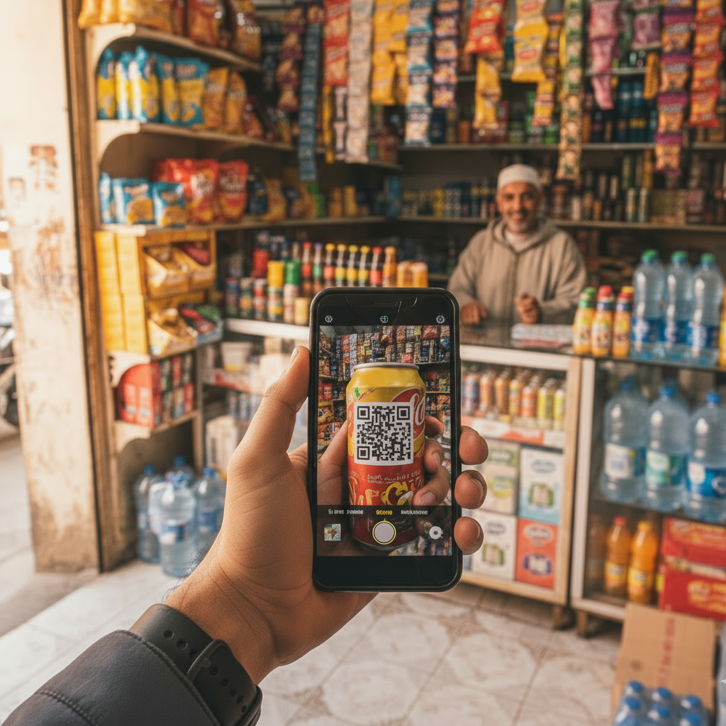 Main tenant un smartphone pour scanner un QR code sur un produit dans un magasin